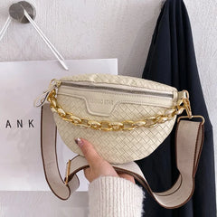 Knitted PU Leather Waist Bags for Women Weaving Fanny Pack Thick Chain Female Wa