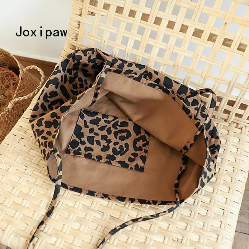 Leopard Print Canvas Shoulder Bag for Women Vintage Handbags Female Tote Bags