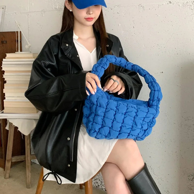 Women's Down Padded Shoulder Bag Bubbles Tote Big Ruched Handbag