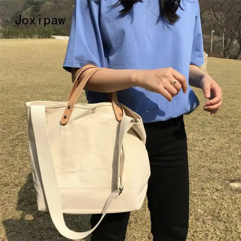 Large Canvas Tote Bag Women Solid Shoulder Handbag Casual Purse