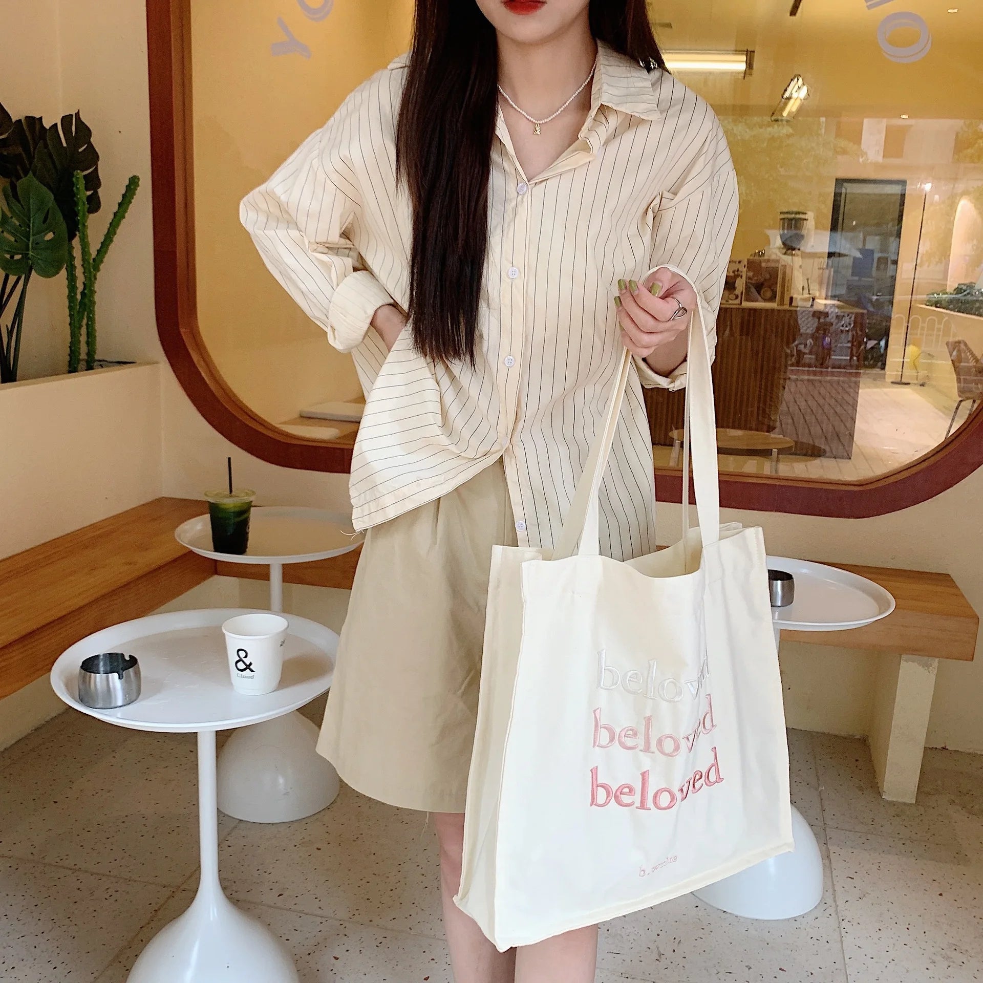 Solid Girl Student Shoulder Bag Casual Letter Embroidery Women's Canvas Bag