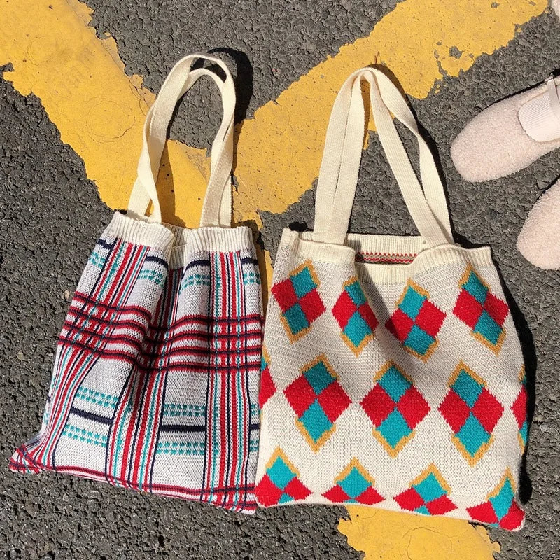 Student Knitting Totes Wool Shoulder Bag Casual Handbag
