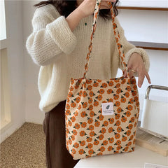 Retro Floral Print Corduroy Shoulder Bag Young Girls Casual Handbag