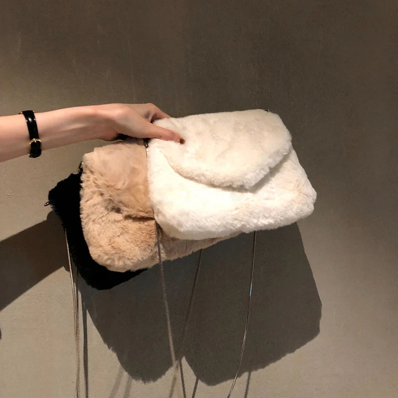 Women Winter Faux Rabbit Fur Bag Small Chain Messenger Soft Handbags