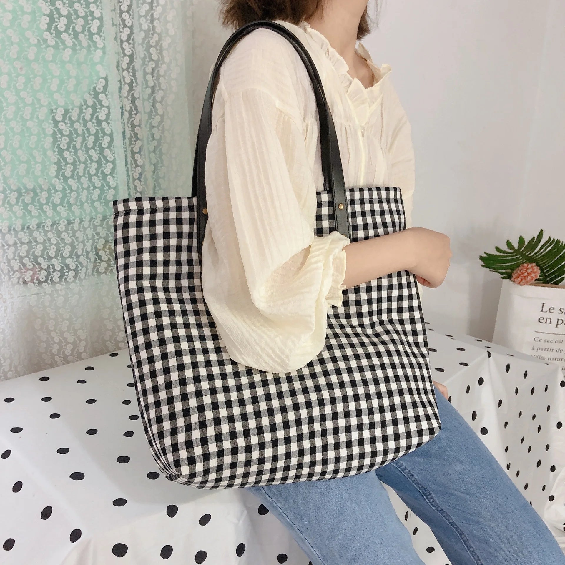 Vintage Plaid Women Large Capacity Tote Bag