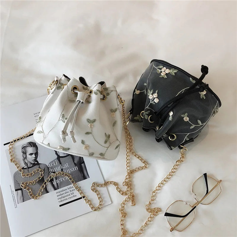 Embroidery Crossbody Bucket Bag Drawstring Messenger Handbag