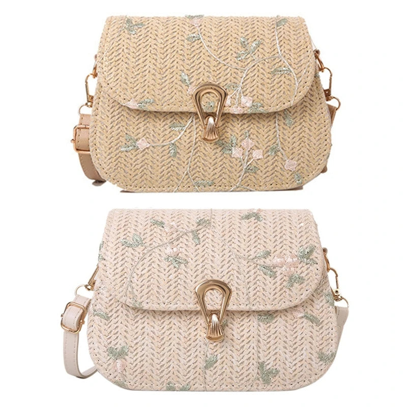 Lace Flower Straw Woven Bag Shoulder Saddle Bag Messenger Beach Party