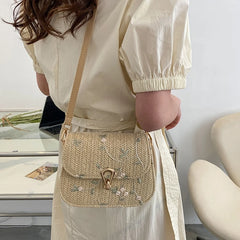 Lace Flower Straw Woven Bag Shoulder Saddle Bag Messenger Beach Party