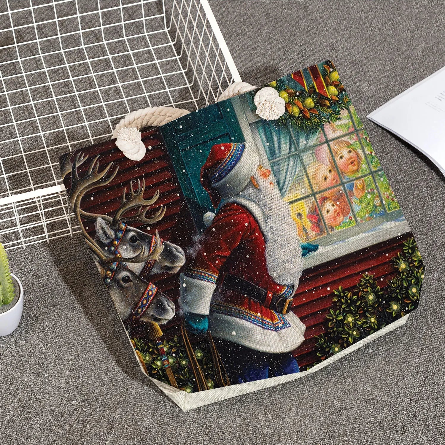 Santa Claus Printed Big Tote Bag Eco Reusable Shopping Handbag for Women