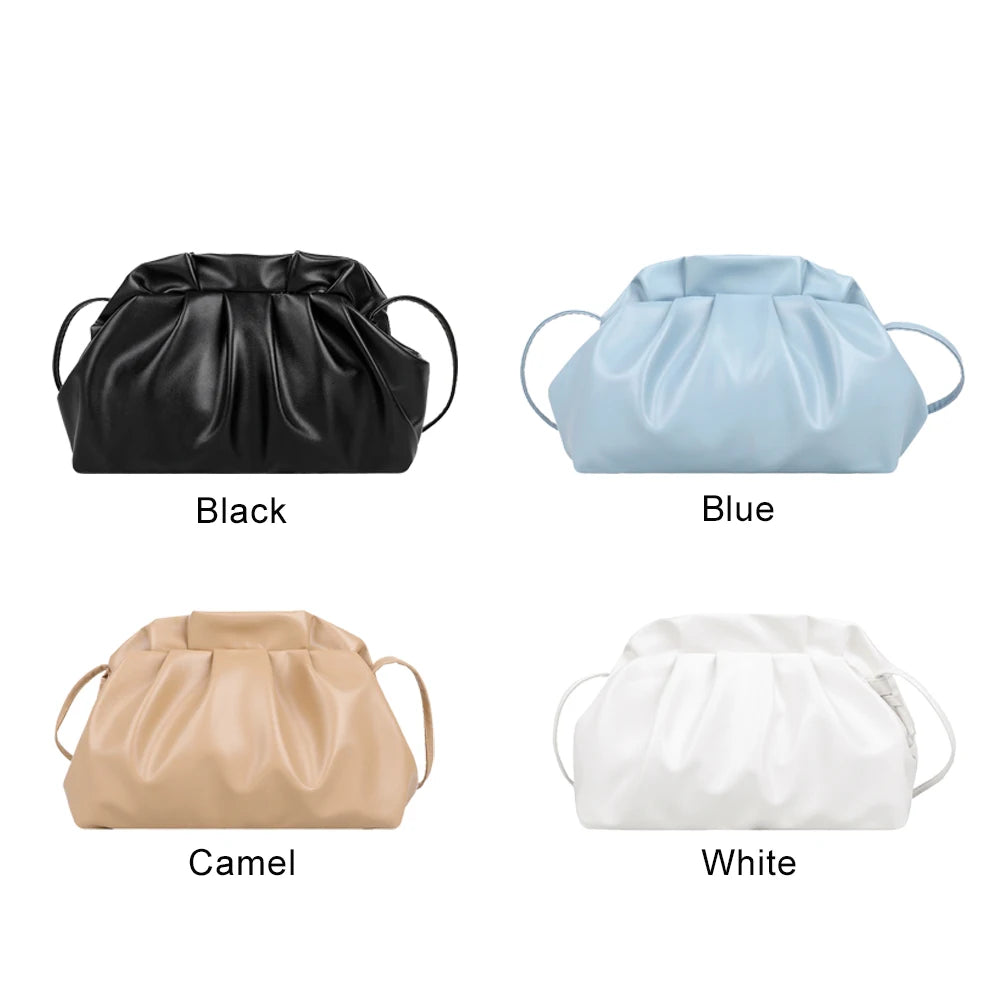 Pleated Hobos Single Shoulder Bag Soft PU Clip Purse Solid Handbag
