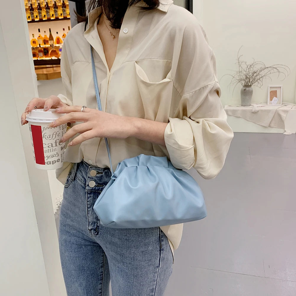 Pleated Hobos Single Shoulder Bag Soft PU Clip Purse Solid Handbag