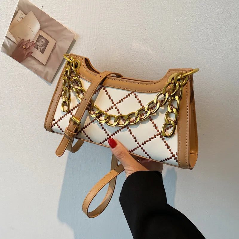 Rhombus Printed Chain Leather Shoulder Handbag Zipper Messenger Purse