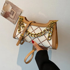 Rhombus Printed Chain Leather Shoulder Handbag Zipper Messenger Purse