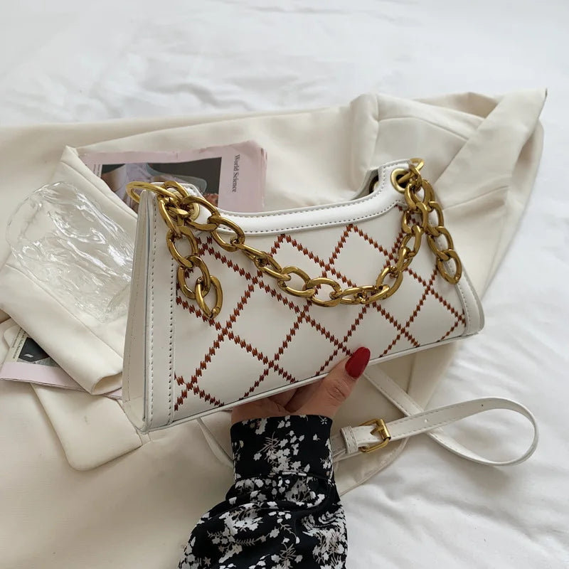 Rhombus Printed Chain Leather Shoulder Handbag Zipper Messenger Purse