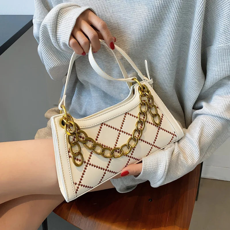 Rhombus Printed Chain Leather Shoulder Handbag Zipper Messenger Purse