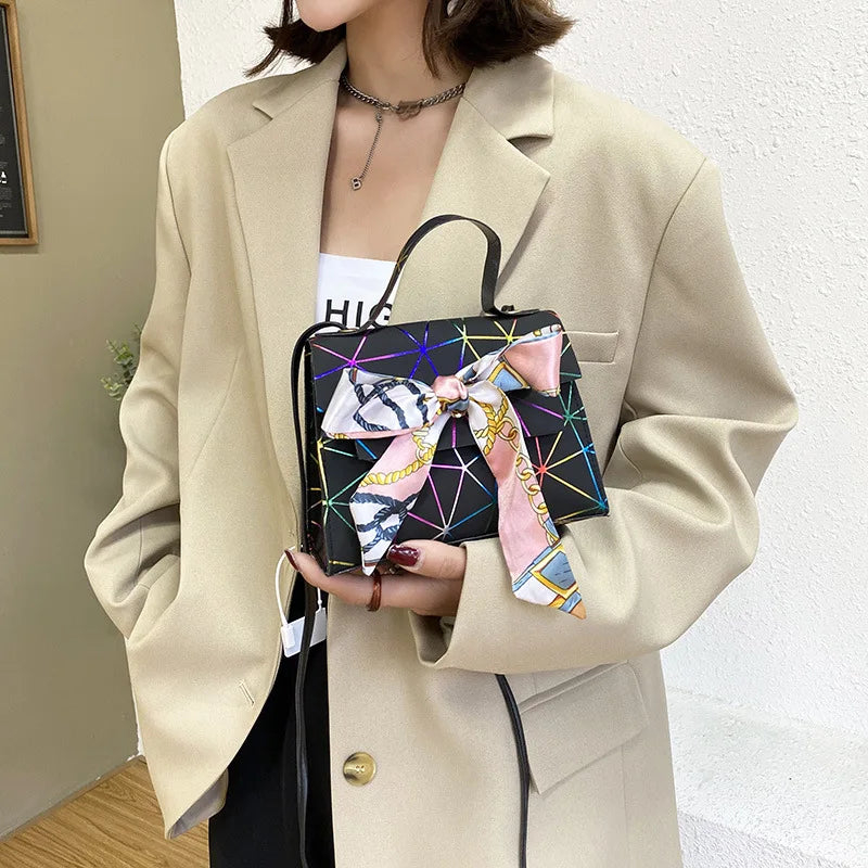 Crocodile Pattern Silk Scarf Messenger Bag with Lock Buckle