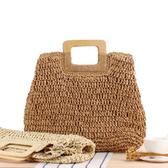 Ladies Straw Woven Tote Beach Handbag Retro Bohemia Buckle Raffia Cane