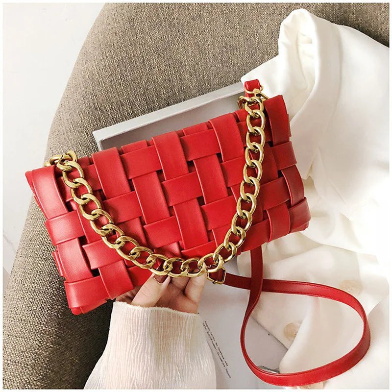 Woven Thick Chain Handbag Zipper Shoulder Strap Messenger Bag