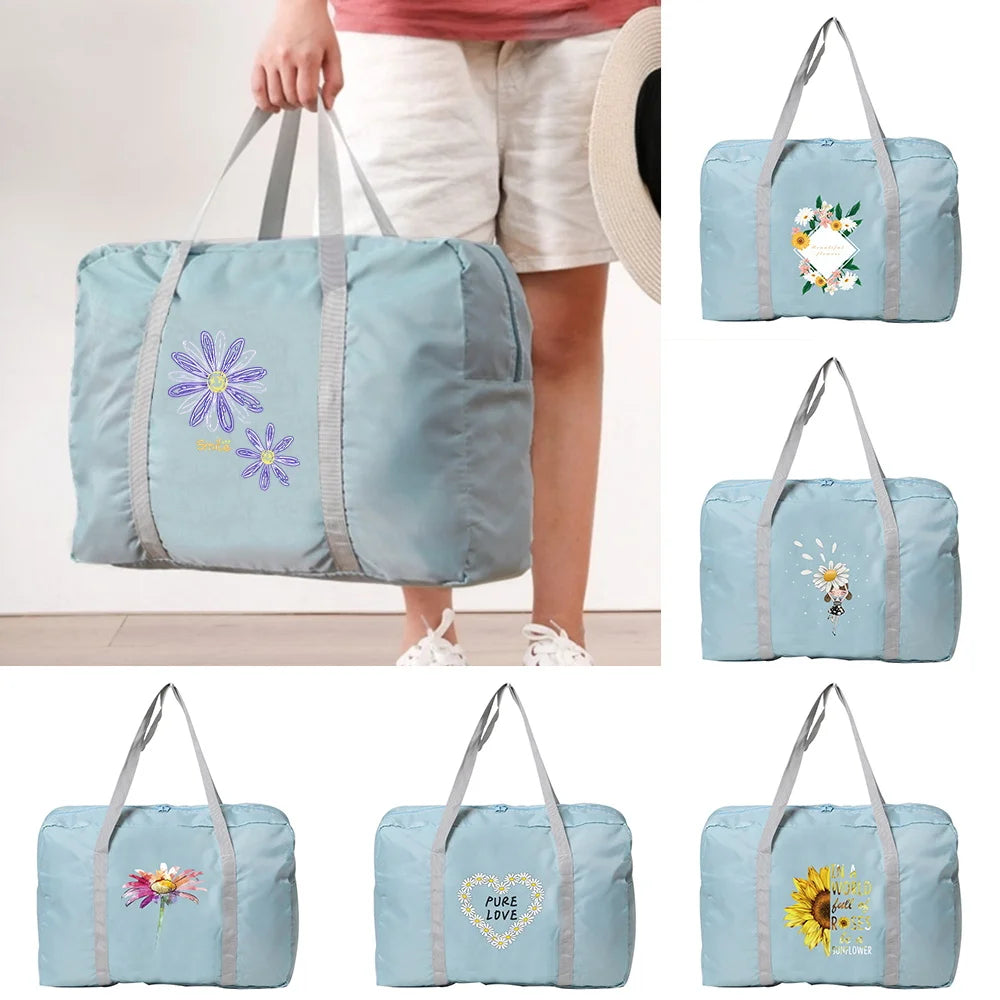Women's Foldable Daisy Print Travel Bag Large Capacity