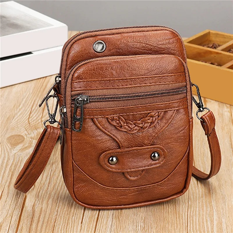 Retro PU Leather Handbags Small Mobile Phone Bag Women Casual Multi-layer