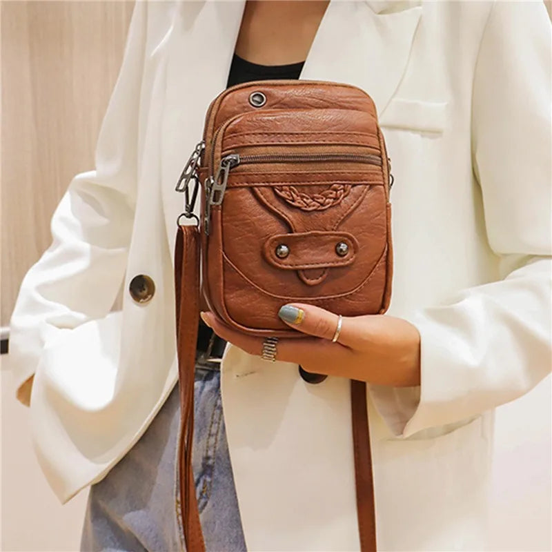 Retro PU Leather Handbags Small Mobile Phone Bag Women Casual Multi-layer