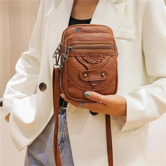 Retro PU Leather Handbags Small Mobile Phone Bag Women Casual Multi-layer