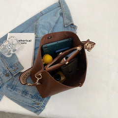 Large Casual Bucket Leather Shoulder Bag Wide Straps Messenger Bag