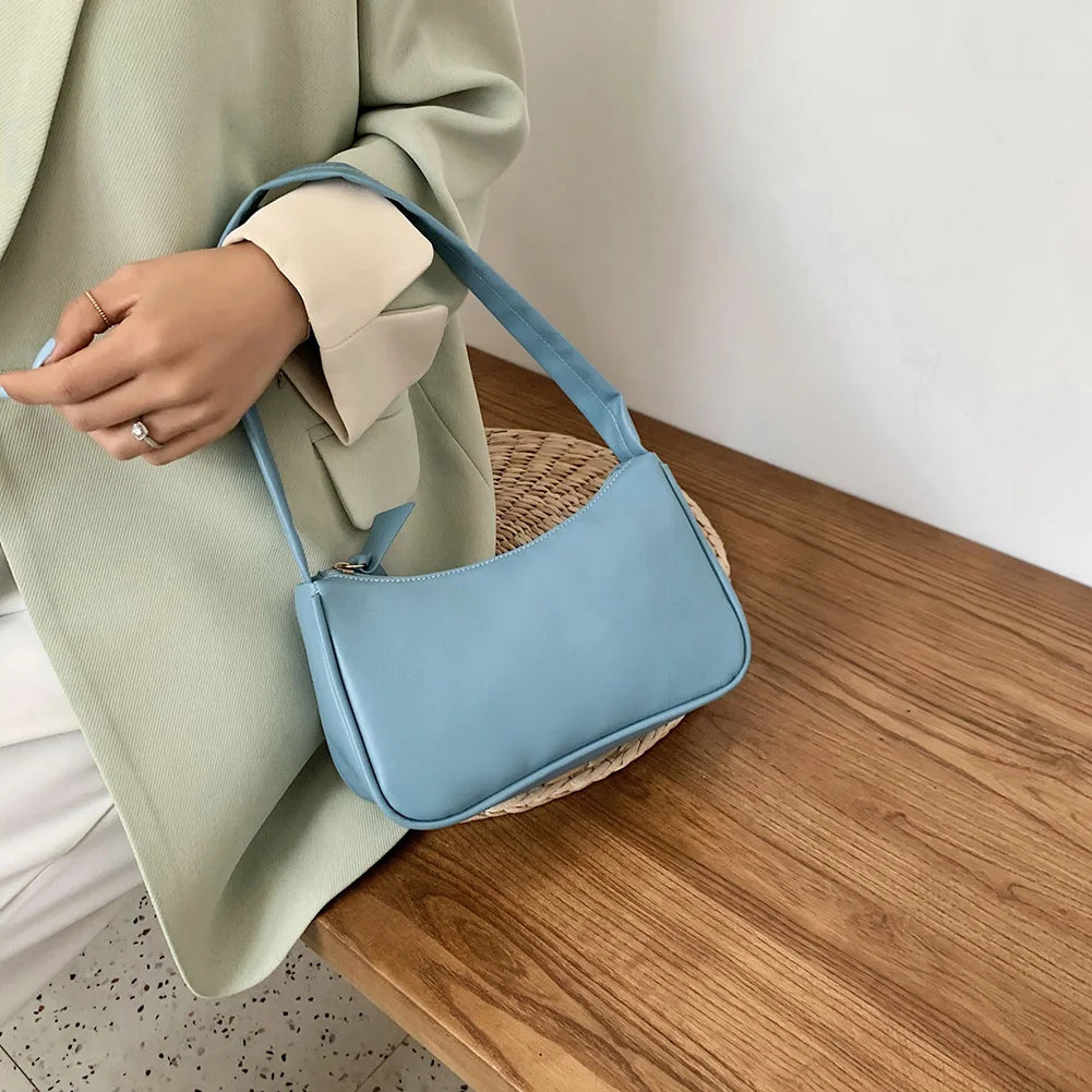 Ladies Soft PU Leather Underarm Bag Solid Women Small Vintage Handbags