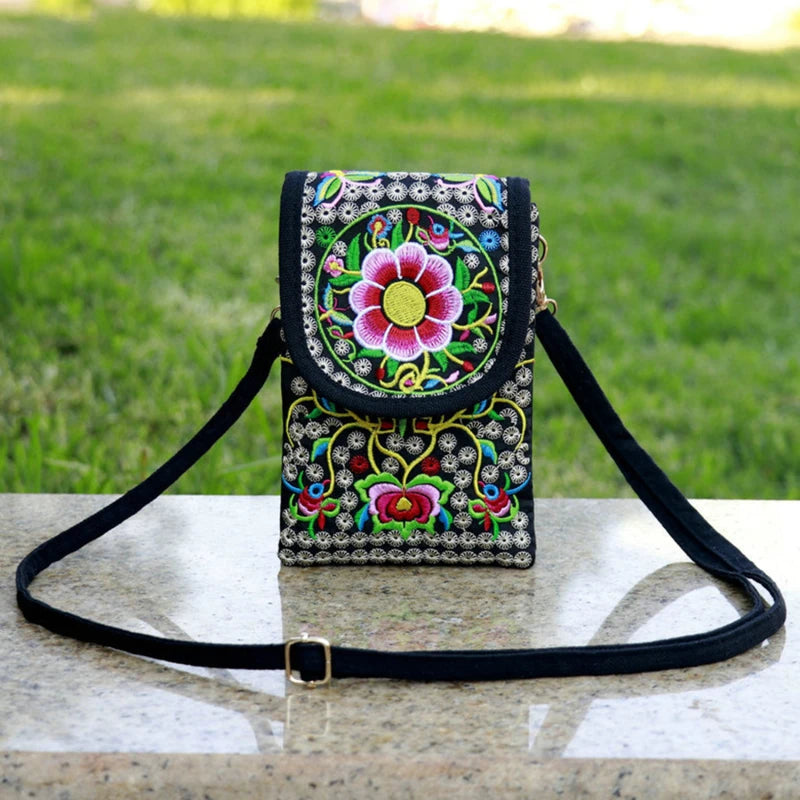 Ethnic Style Embroidered Crossbody Phone Bag Wallet Purse Handbag