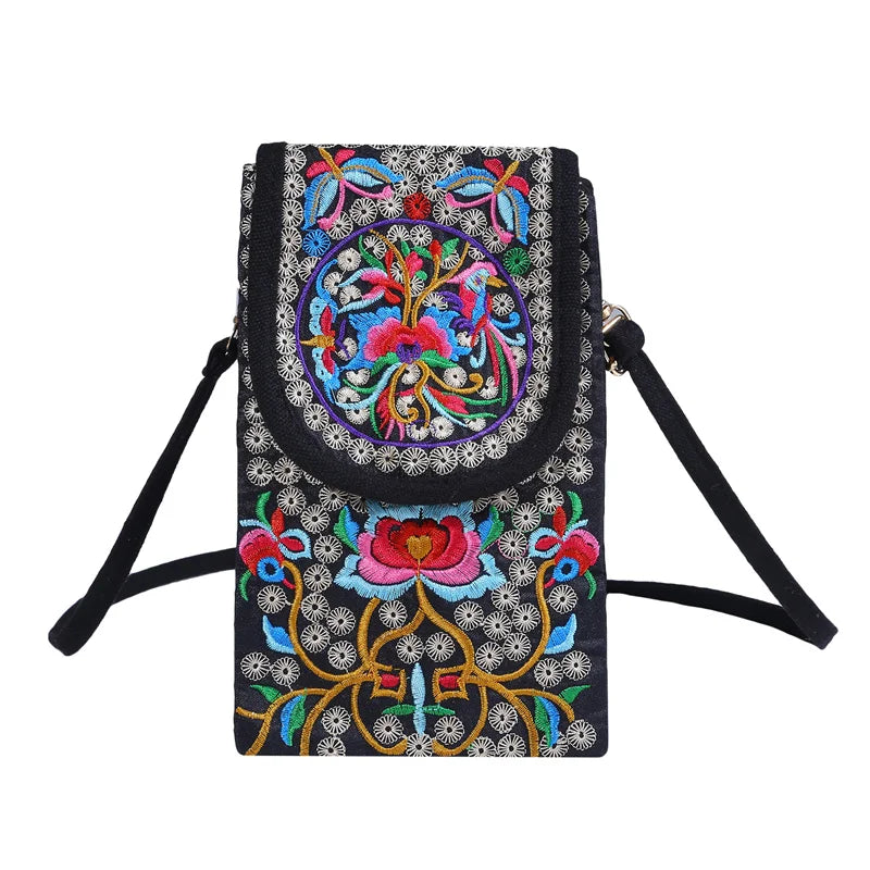 Ethnic Style Embroidered Crossbody Phone Bag Wallet Purse Handbag