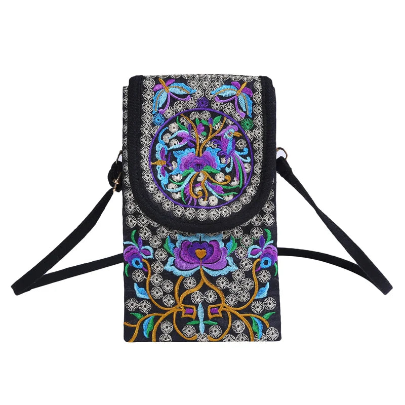 Ethnic Style Embroidered Crossbody Phone Bag Wallet Purse Handbag