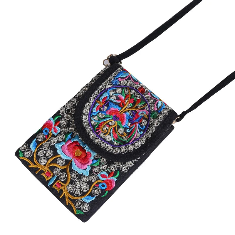 Ethnic Style Embroidered Crossbody Phone Bag Wallet Purse Handbag