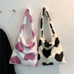Winter Heart Print Faux Fur Shoulder Bag Soft Fluffy Tote Underarm Purse