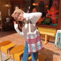Women Knitting Rhombic Lattice Tote Bag Crochet Woolen Handbag