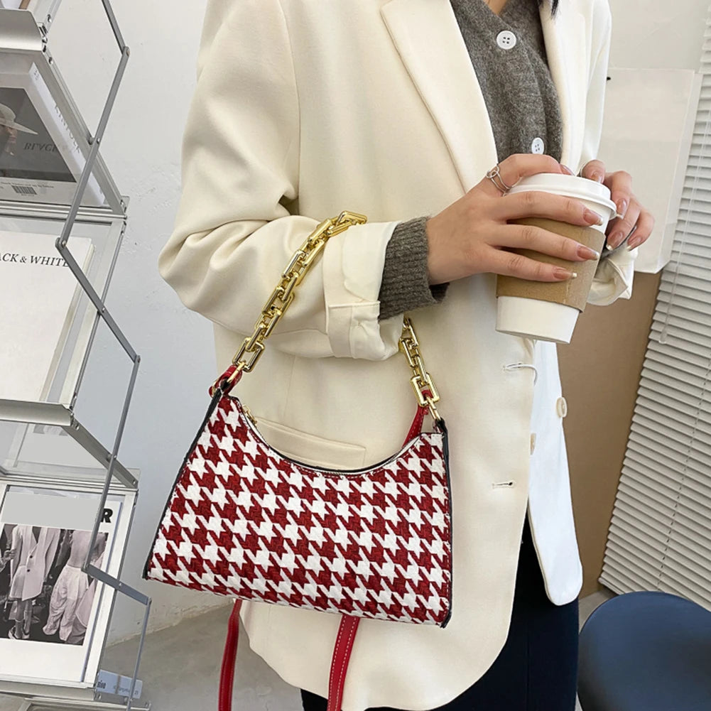Vintage Houndstooth Chain Hobo Tote Bag