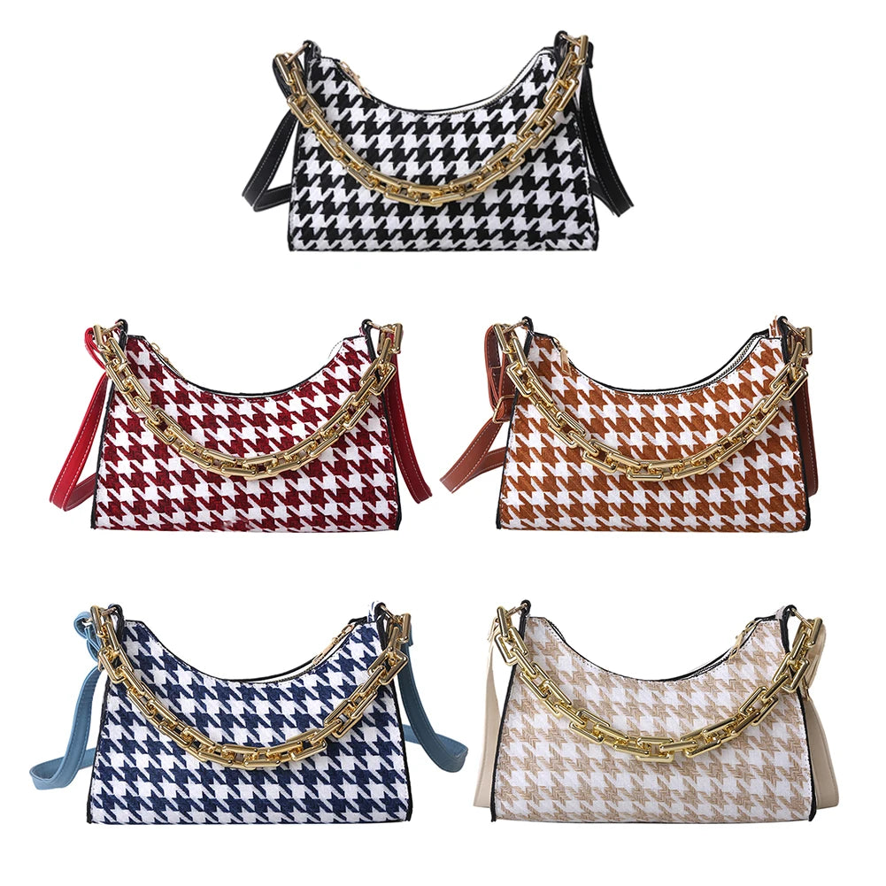 Vintage Houndstooth Chain Hobo Tote Bag
