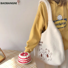 Plush Canvas Shoulder Bag for Women Soft Tote Shopping Bag