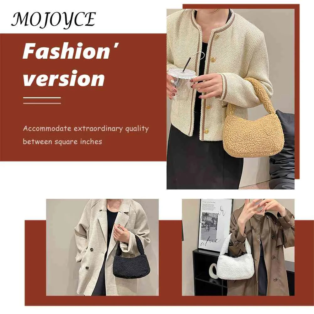 Lamb Wool Underarm Bags Soft Winter Women Hand Bags Casual Warm Zipper Solid