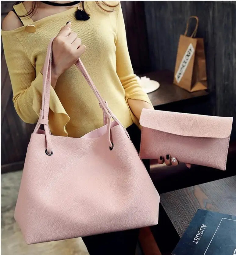 2Pcs Women's Bag Plain Tote Set Pink Grey Brown Clutch Lychee P