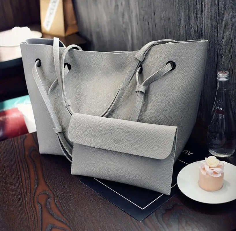 2Pcs Women's Bag Plain Tote Set Pink Grey Brown Clutch Lychee P
