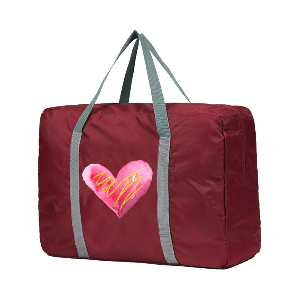 Foldable Travel Bag Pink Hearts Print Duffle Bag
