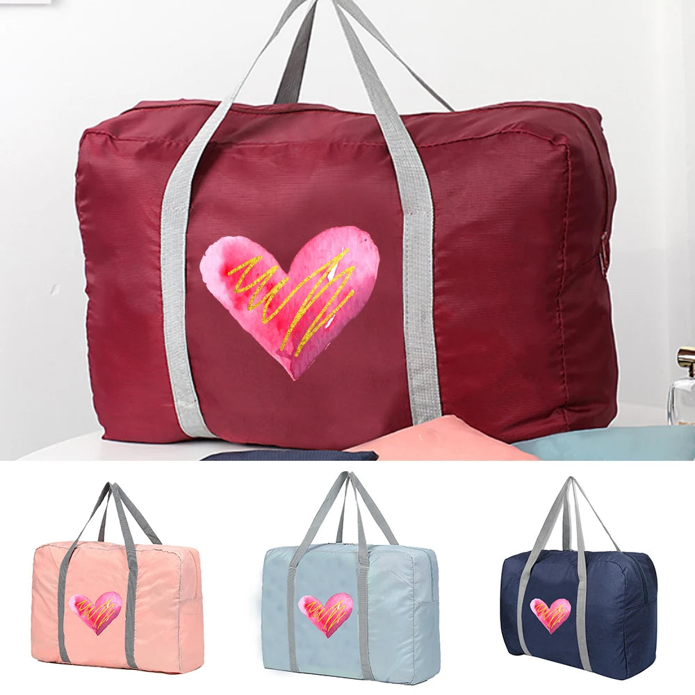 Foldable Travel Bag Pink Hearts Print Duffle Bag