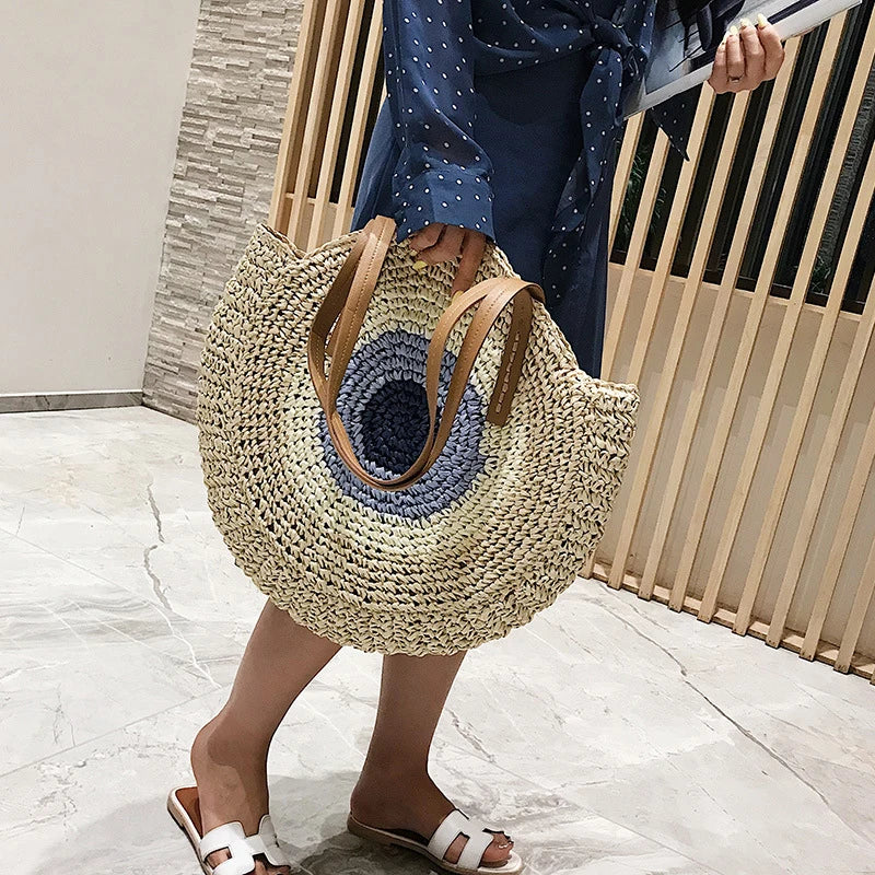 Round Straw Woven Shoulder Bag for Women