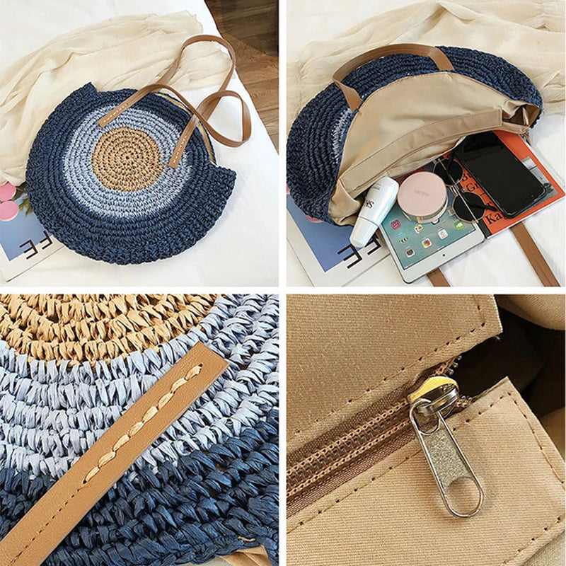 Straw Woven Bag Round Zipper Large Capacity Beach Travel Fashionable Women Bags