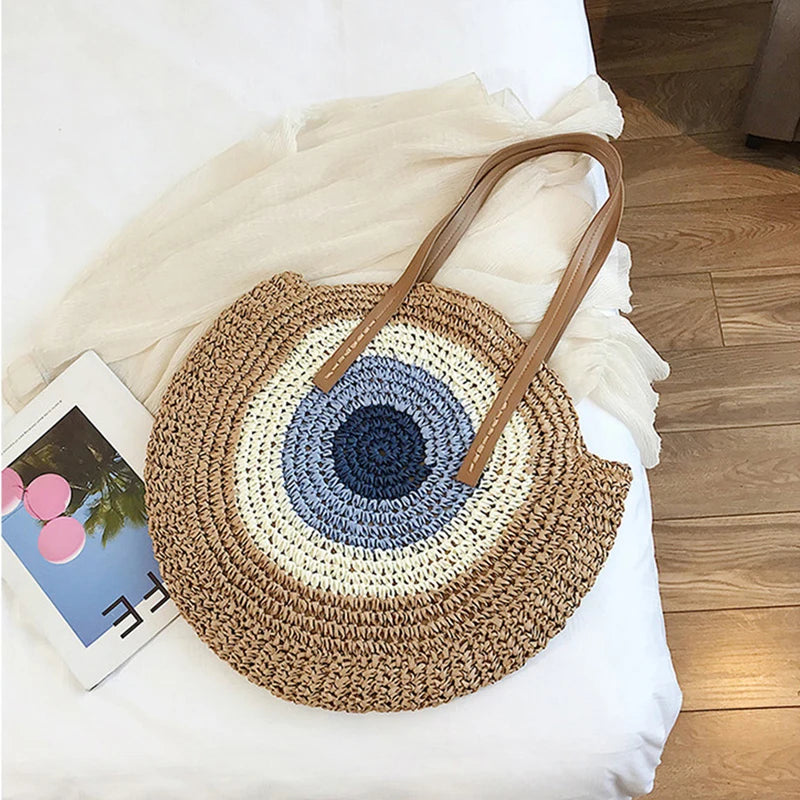 Straw Woven Bag Round Zipper Large Capacity Beach Travel Fashionable Women Bags