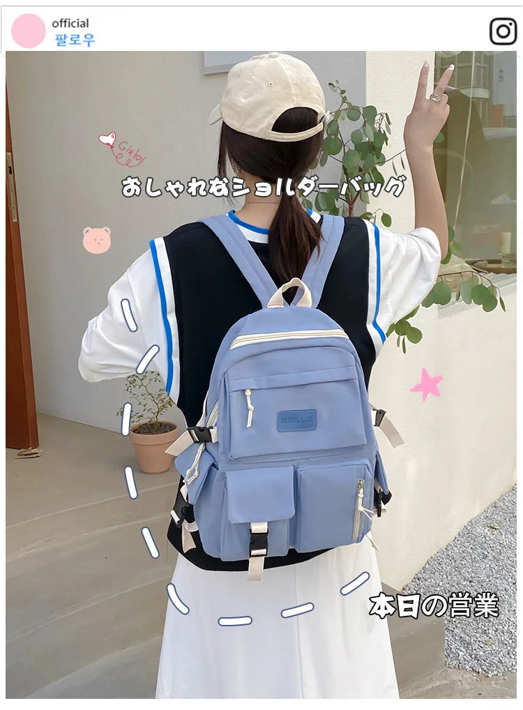 Large Capacity School Student Backpacks Solid Girls Canvas Shoulder Bag