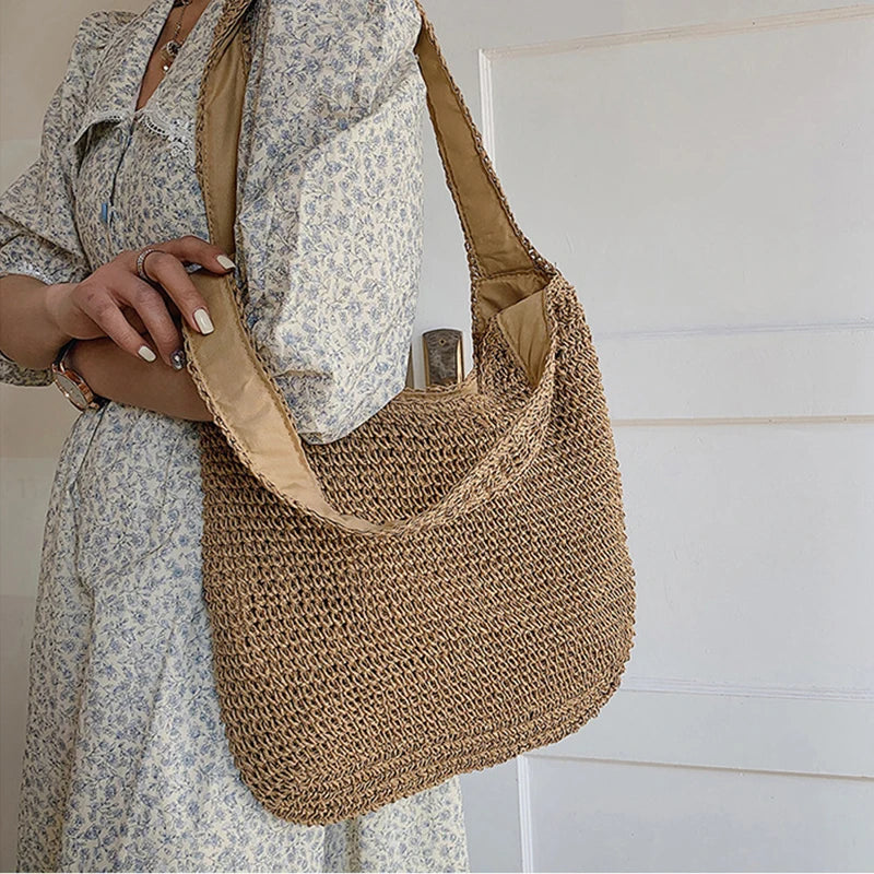 Large Capacity Shopper Tote Rattan Handbags Lady Summer Beach Shoulder Bags
