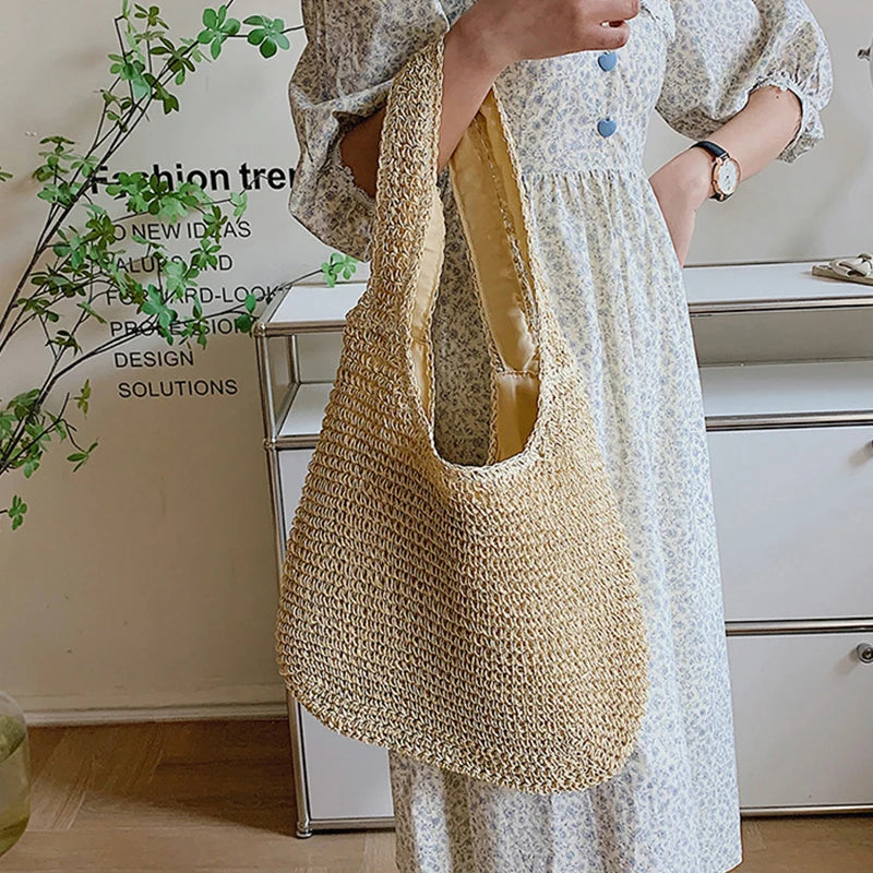 Large Capacity Shopper Tote Rattan Handbags Lady Summer Beach Shoulder Bags