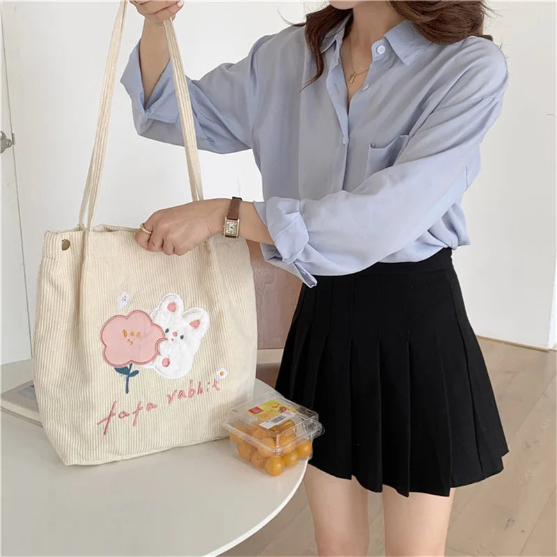 Corduroy Rabbit Embroidery Shoulder Bag Large Capacity Casual Handbag