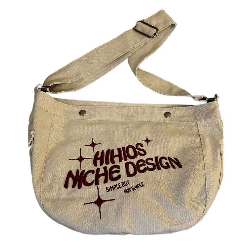 Khaki Canvas Shoulder Tote Bag with Letters Embroidery